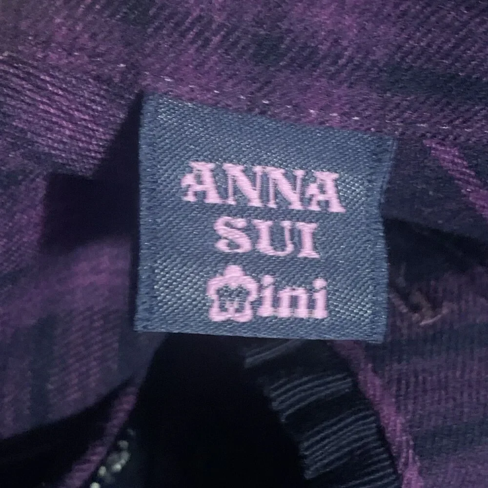 Anna Sui Mini Girls 12Y L Purple Plaid Shirt Dress Butterfly Embroidered Ruffle